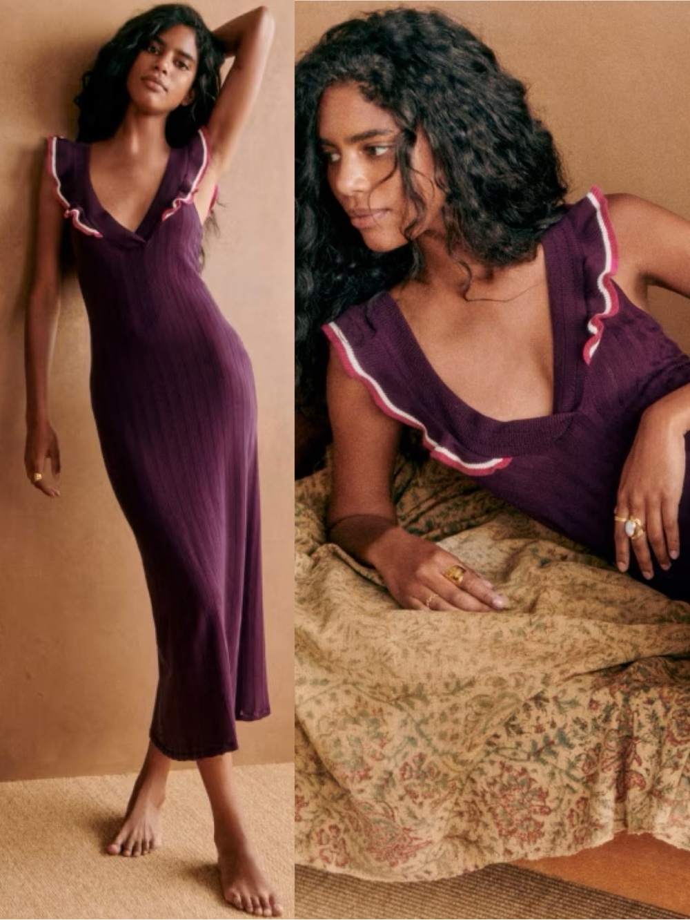 SEZANE Simona Dress Mauve Organic Cotton Knit Ruffle V-Neck Midi Size S